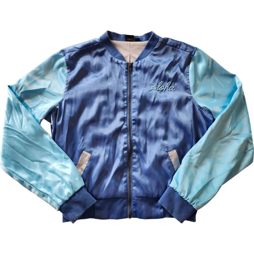 Disney Lilo & Stitch Blue Satin Bomber Jacket Hawaii Embroidered Zip Up Kids Med